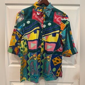 Ralph Lauren Colorful Abstract Artsy Bohemian Cotton Blouse Size Petite Small